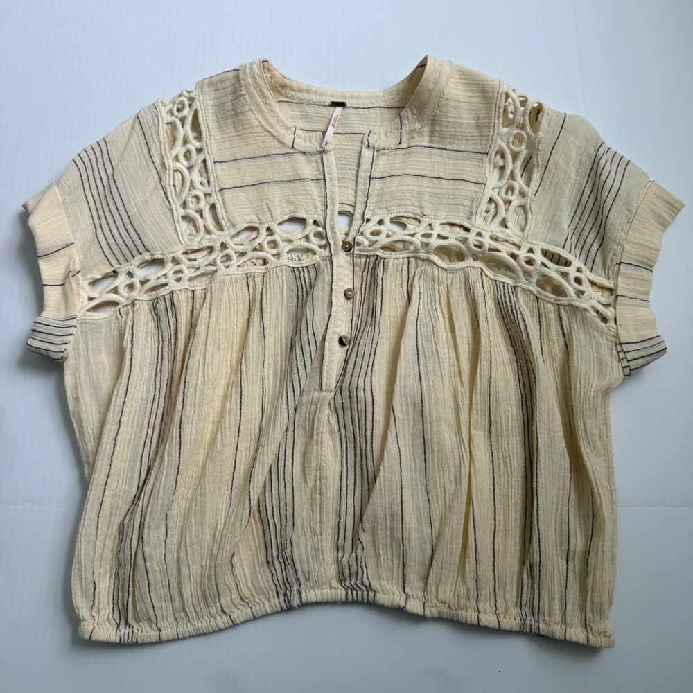 Free People Cream Striped Crochet-Trim Short Sleeve Blouse